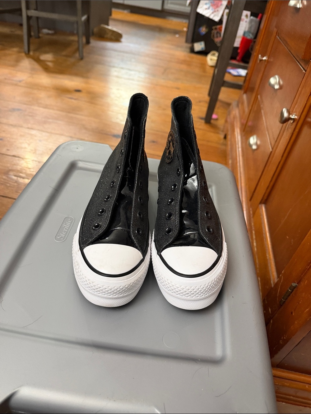 Black High-Top Converse Sneakers with White Toe and Platform Sole